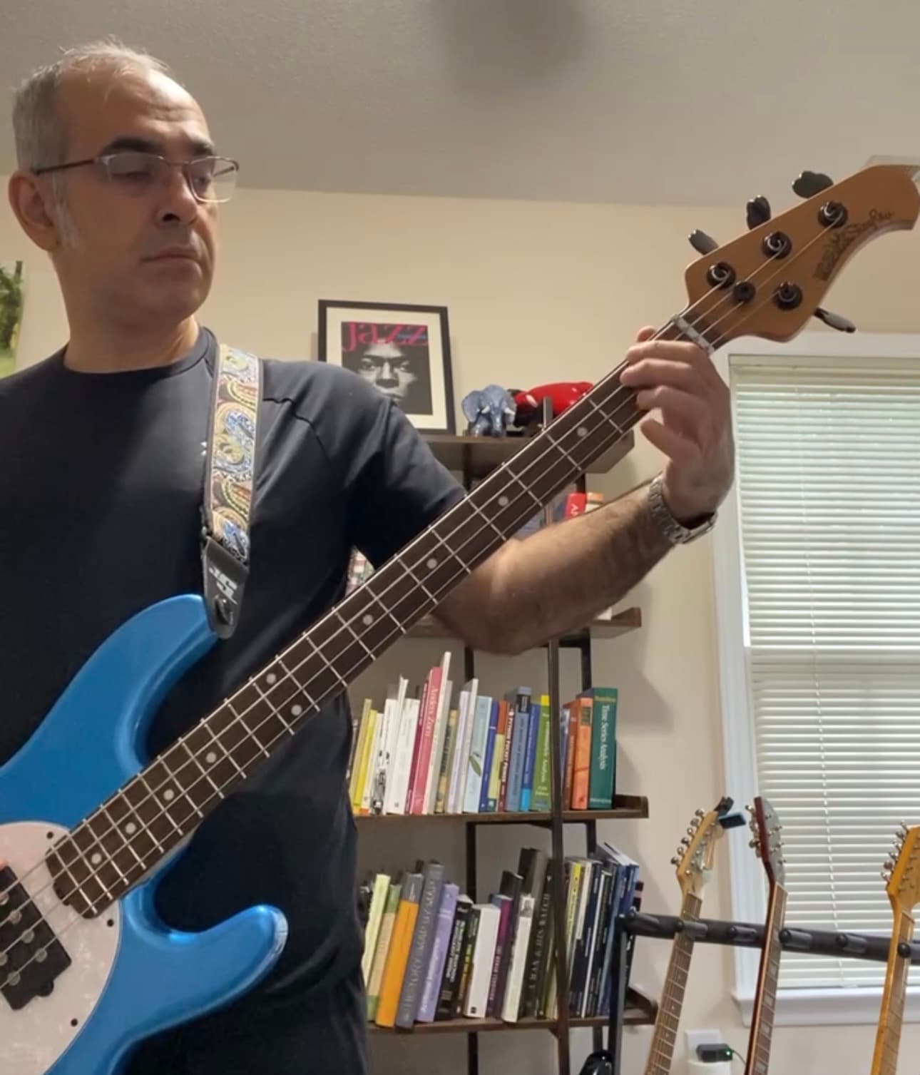 Playing bass guitar